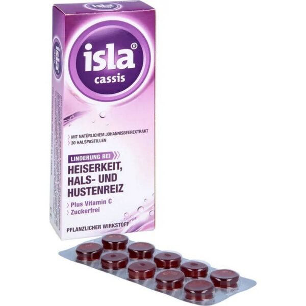 Isla Cassis lozenges for relief of hoarseness, sore throat and cough.