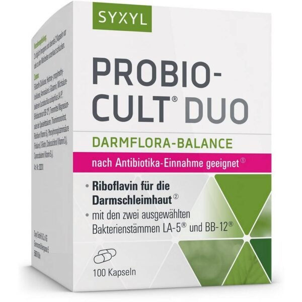 Probio-Cult Duo Syxyl capsules are a dietary supplement containing riboflavin for the intestinal mucosa, folic acid, vitamin B12, vitamin D, glutamine and two selected bacterial strains LA-5® and BB-12®.