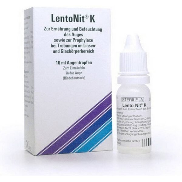 Lento Nit K eye drops are used to moisturize the surface of the eye and to prevent clouding of the lens and vitreous body.