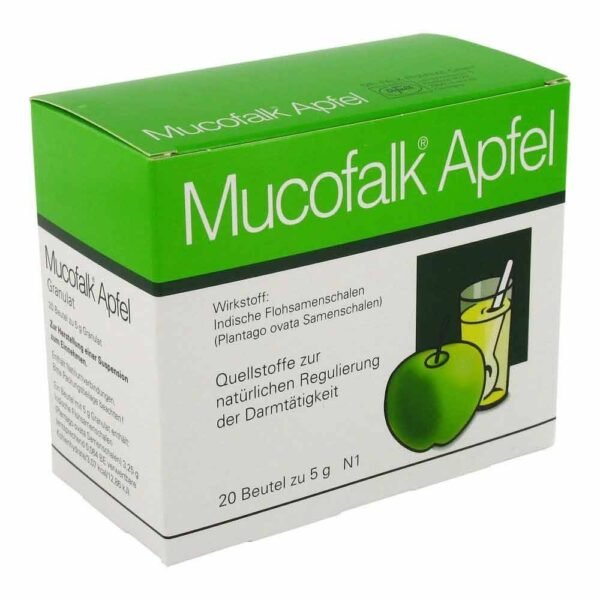 Mucofalk Apple contains as an active ingredient Indian psyllium husk (ground) - a plant-based bulking agent that regulates stool.