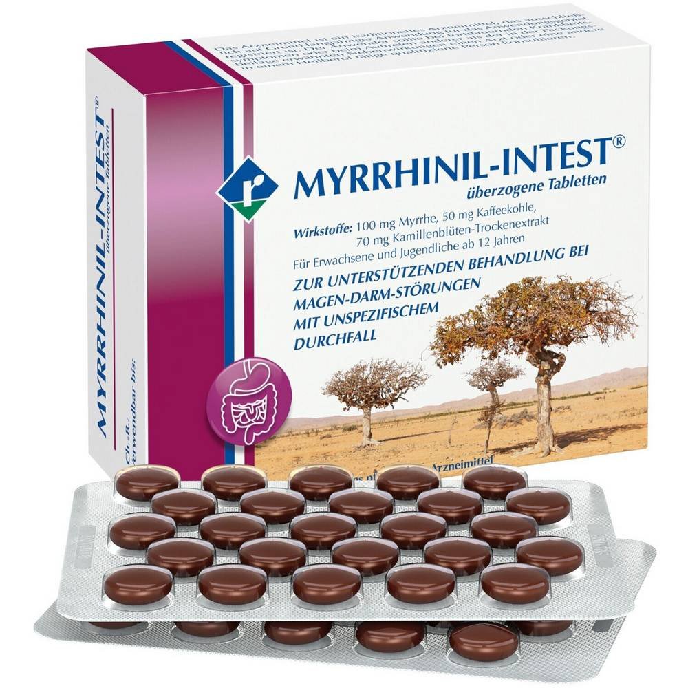 myrrhinil intest dragees 50 stk Мирринил Интест облегчает диарею, болезненные спазмы в животе и метеоризм, способствует регенерации проницаемой слизистой оболочки кишечника.