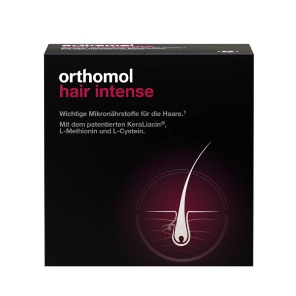 Orthomol Hair Intense is a dietary supplement with selenium, biotin and zinc to maintain normal hair.
