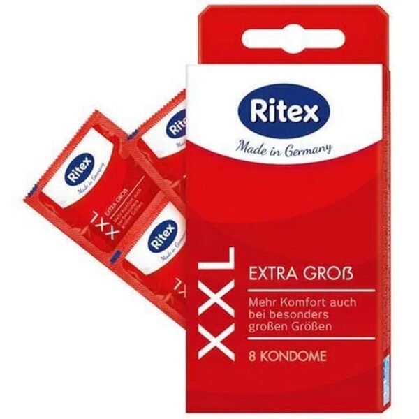 Ritex XXL condoms are extra large and already approx. 200 mm long and 55 mm when unstretched, color transparent, coated with extra lubricant.