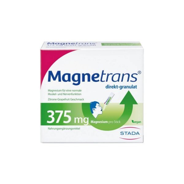 Magnetrans 375mg direct granulate is a practical source of magnesium for use on the go or during sports.