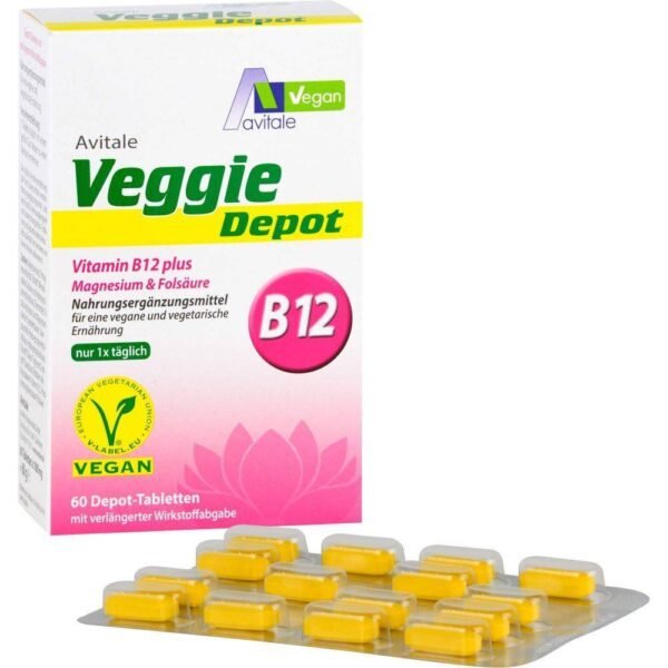 Veggie Depot Vitamin B12+Magnesium+Folic Acid is a dietary supplement with vitamin B12, magnesium and folic acid for vegan and vegetarian diets.