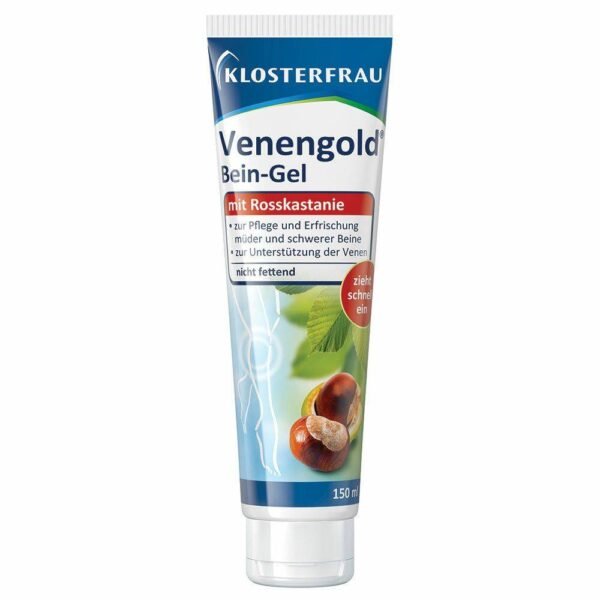 Venengold Bein-Gel cares for tired and heavy legs, activates blood circulation, has a cooling effect.