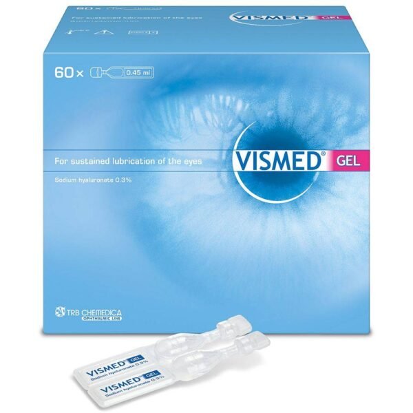Vismed Gel eye drops with hyaluronic acid for eye moisturizing.