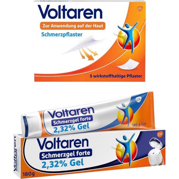 Contains 5 Voltaren Plasters (Product dimensions L x W x H 5.5 x 23 x 12.5 cm) and Voltaren pain gel forte 2.32% 180g