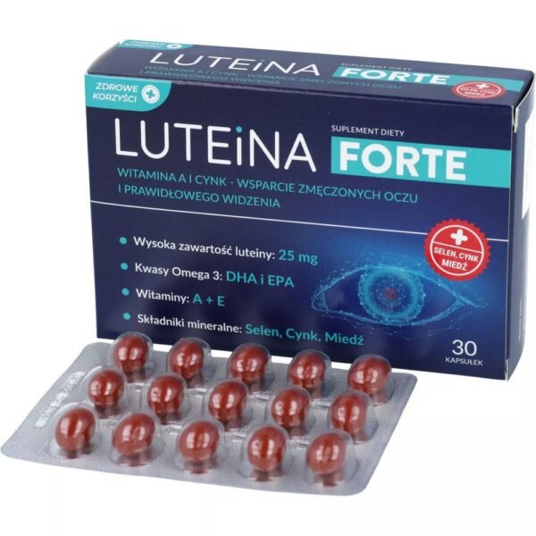 Luteina Forte Zdrowe Benefits is a dietary supplement containing docosahexaenoic acid (DHA), which helps maintain proper vision.