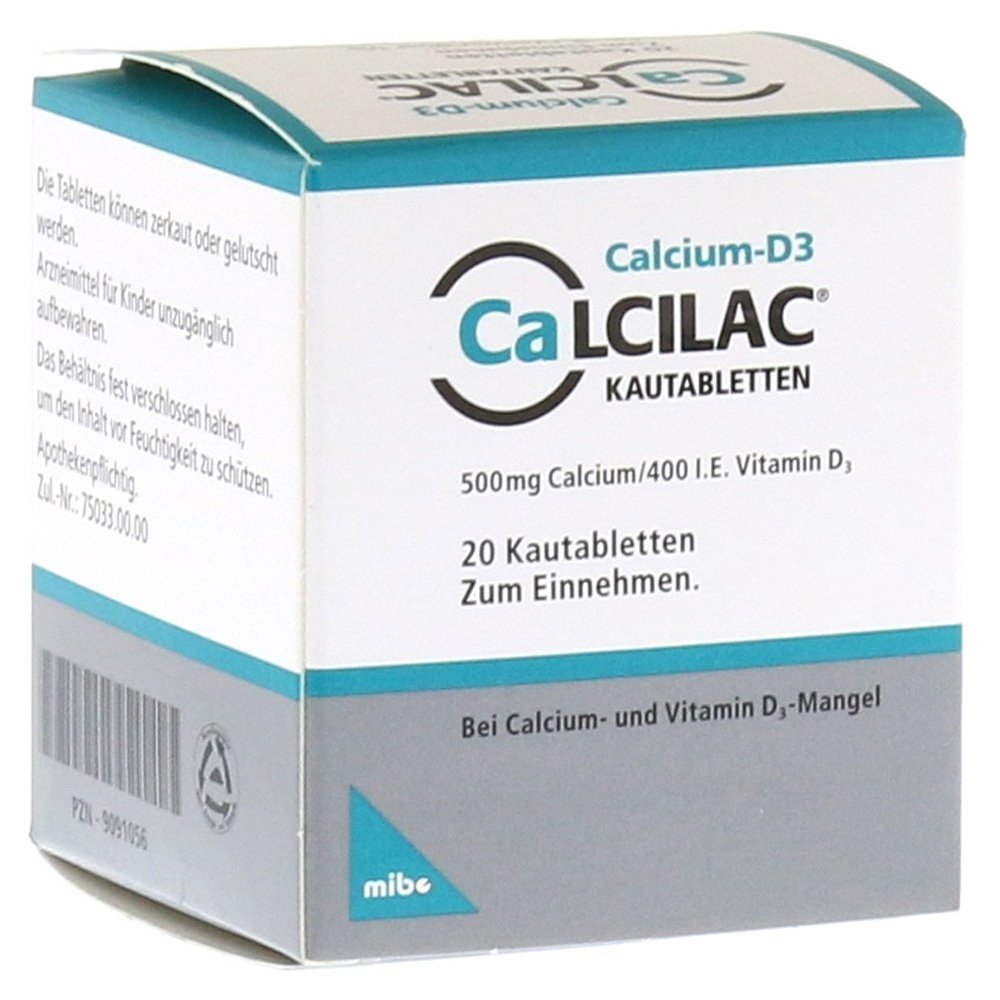 calcilac chewing tablets 20 pcs Comprimidos masticables Calcilac&Reg 500 mg/400 UI Principios activos: carbonato de calcio y colecalciferol. Forma de presentación: comprimidos masticables Aplicación: Prevención y tratamiento de las deficiencias de vitaminas y calcio en personas mayores; Apoyo a la prevención y tratamiento de la osteoporosis.