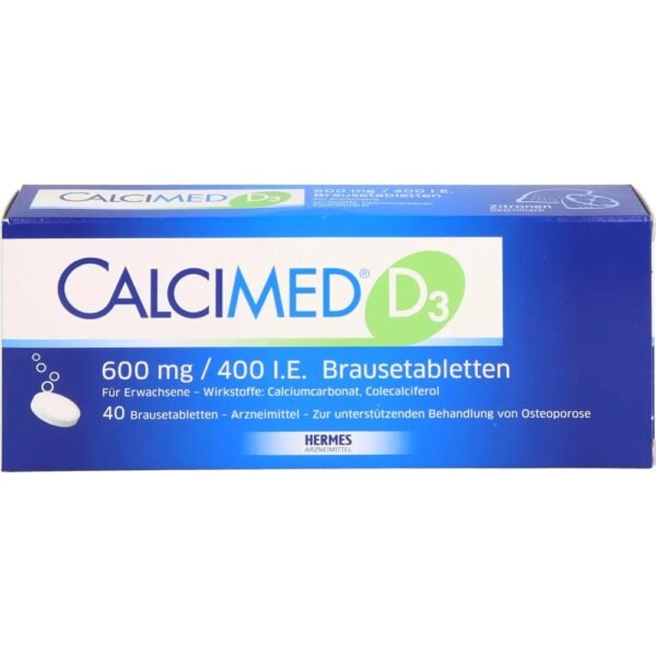 Calcimed D3 600 мг ⁄ 400 IE шипучие таблетки Действующие вещества: карбонат кальция и витамин D3. Область применения: При доказанном дефиците кальция и витамина D3, а также для поддерживающего лечения остеопороза. Содержит соединения натрия, сахарозу (сахар) и частично гидратированное соевое масло.