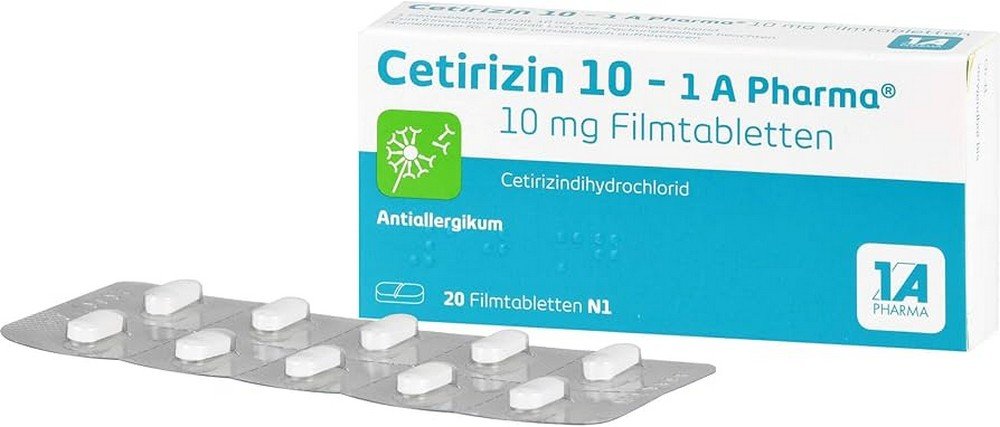 cetirizin 10 1a pharma film coated tablets 20 pcs Cetirizina 10 - 1 A Pharma®, comprimidos recubiertos con película de 10 mg Principio activo: clorhidrato de cetirizina. Áreas de aplicación: en adultos y niños a partir de 6 años para aliviar los síntomas nasales y oculares en casos de rinitis alérgica estacional y anual y para aliviar la urticaria. Advertencia: contiene lactosa. Lea el prospecto para conocer los riesgos y efectos secundarios y consulte a su médico o farmacéutico.