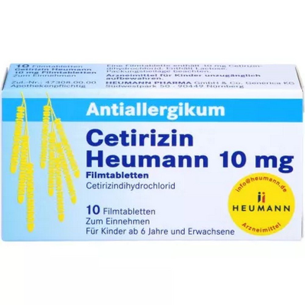 cetirizin heumann 10 mg film coated tablets 10 pcs Cetirizina Heumann 10 mg comprimidos recubiertos con película Principio activo: Cetirizindihidrocloruro Aplicación: En adultos y niños a partir de los 6 años, Cetirizina Heumann está indicado para: Alivio de los síntomas nasales y oculares en la rinitis alérgica estacional y anual; Alivio de Nessel Sucht (Urtikaria). Contiene lactosa.