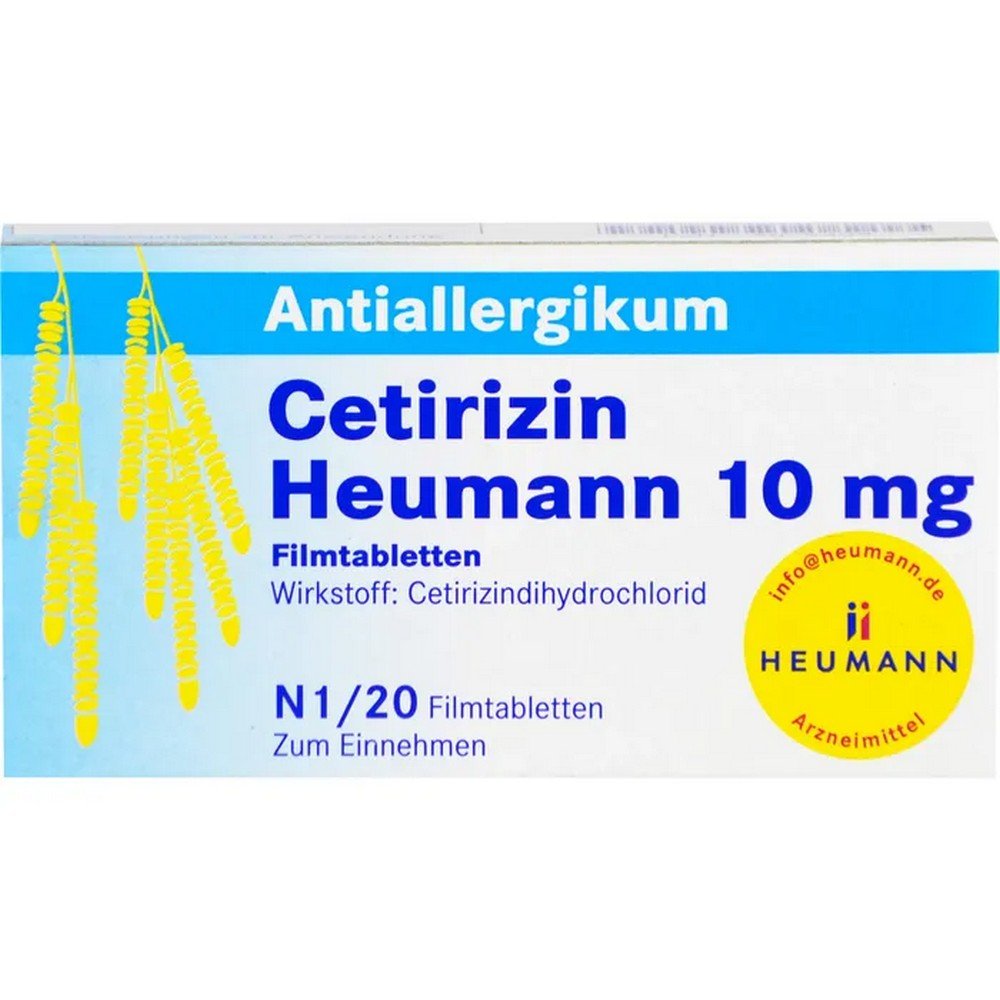 cetirizin heumann 10 mg film coated tablets 20 pcs Cetirizina Heumann 10 mg comprimidos recubiertos con película Principio activo: Cetirizindihidrocloruro Aplicación: En adultos y niños a partir de los 6 años, Cetirizina Heumann está indicado para: Alivio de los síntomas nasales y oculares en la rinitis alérgica estacional y anual; Alivio de Nessel Sucht (Urtikaria). Contiene lactosa.