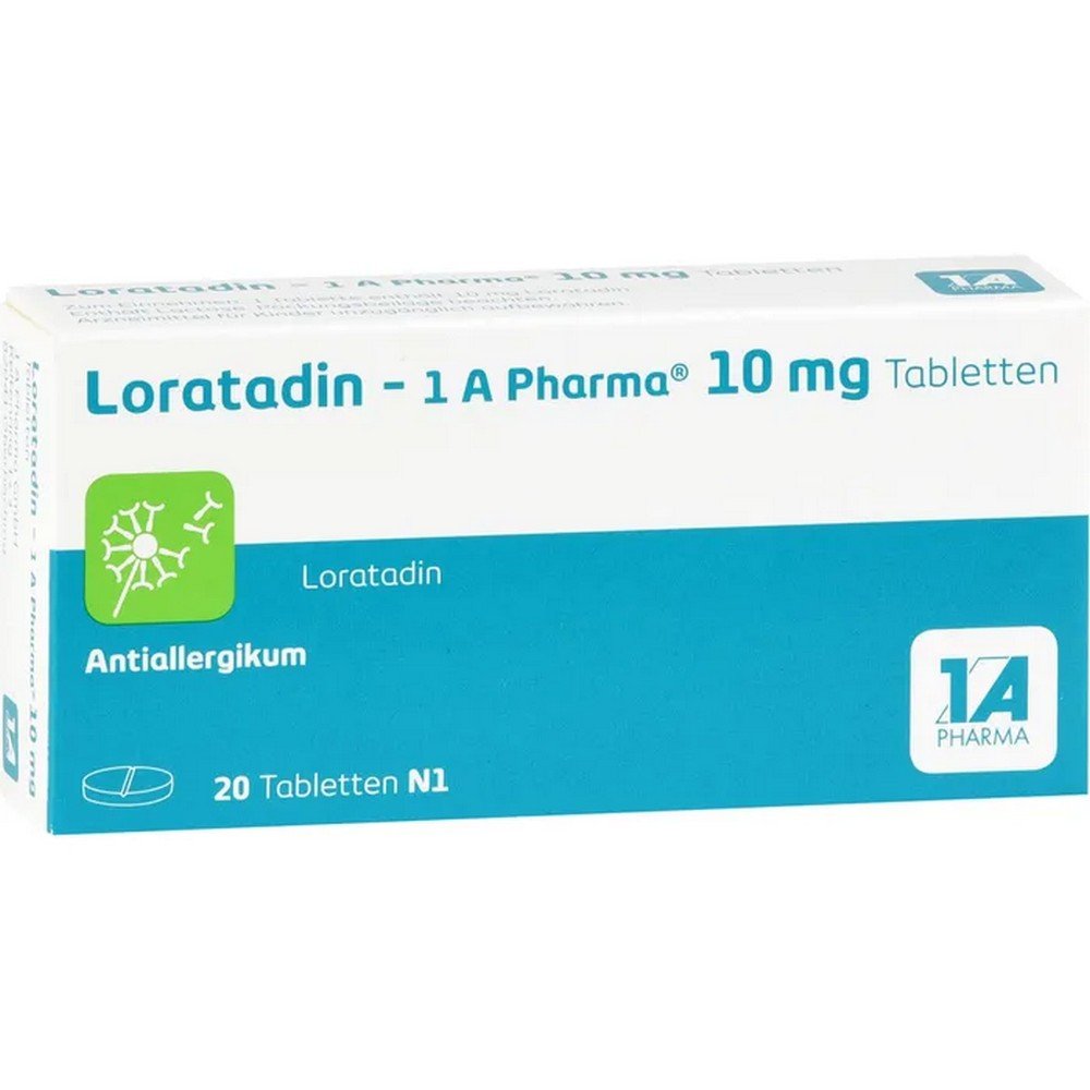 loratadin 1a pharmaceutical tablets 20 pcs Loratadin - 1 A Pharma ® , comprimidos de 10 mg Principio activo: Loratadin. Áreas de aplicación: Para el tratamiento de los síntomas de la rinorrea alérgica (p. ej., fiebre del heno) y de la urticaria crónica idiopática (ronchas de causa desconocida). Contiene lactosa. ¡Lea el prospecto del suplemento y consulte a su médico o farmacéutico!