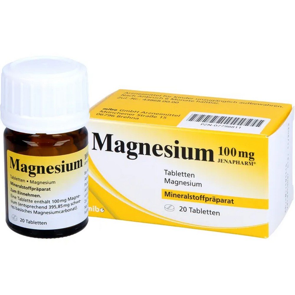 magnesium 100 mg jenapharm tablets 20 pcs Магний 100 мг Jenapharm Tabl.&Reg Состав: 100 мг магния Применение: Доказанный дефицит магния Дозировка: Взрослым: 1–4 раза в день по 1 таблетке, детям от 6 лет: 1–2 раза в день по 1/2–1 таблетке с достаточным количеством жидкости перед едой. Ознакомьтесь с инструкцией по применению и проконсультируйтесь с врачом или фармацевтом о рисках и побочных эффектах.