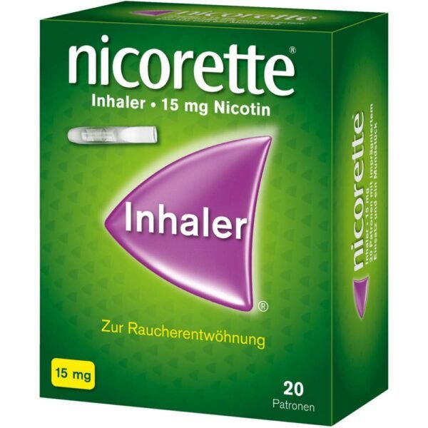 Nicorette inhaler with 20 cartridges of 15 mg nicotine for smoking cessation.