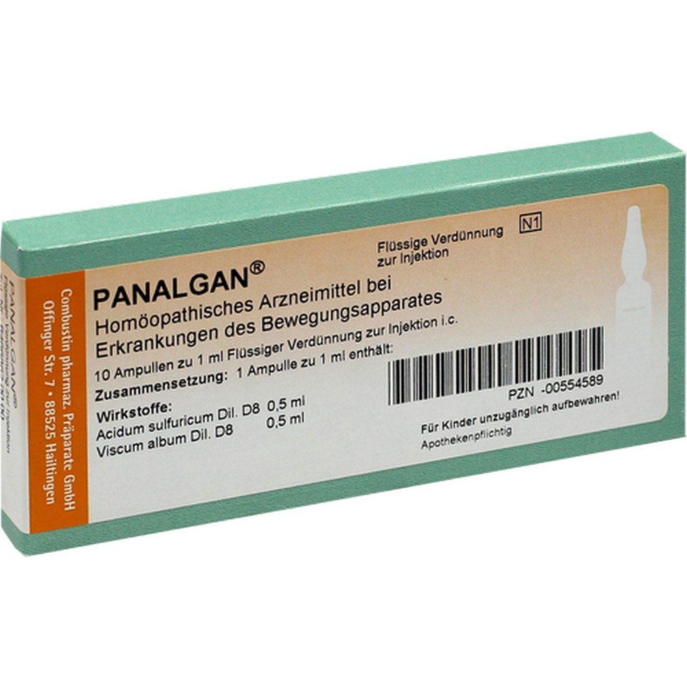 panalgan ampoules 10 pcs Panalgan&Reg Dilución líquida inyectable Composición: 1 ampolla de 1 ml contiene: Principios activos: Acidum sulfuricum dil. D8 0,5 ml Viscum album dil. D8 0,5 ml