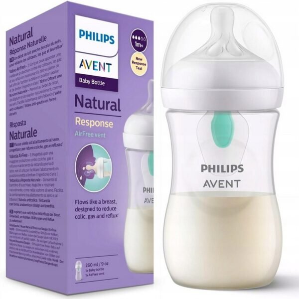 The AVENT Anti-Colic Bottle (260ml) with AirFree vent is designed for infants 1 month and older. It minimizes air ingestion, reducing colic and discomfort during feeding, while the nipple shape supports a natural latch. The AirFree vent helps keep the nipple full of milk, even when held horizontally, promoting an easier feeding experience.