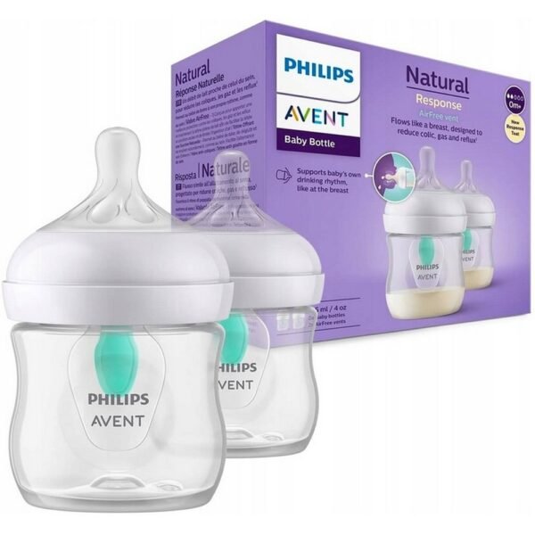 The AVENT Natural Response Bottle Set includes two 125ml bottles designed with an anti-colic cap. These bottles feature a natural-shaped nipple that promotes a smooth transition between bottle and breastfeeding.