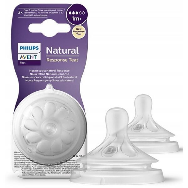 AVENT Natural Response Bottle Teat (2 pcs) is designed for infants aged 1 month and older. These teats feature a unique shape that mimics the natural breastfeeding experience, promoting a smooth transition between breast and bottle. The design helps reduce colic by minimizing air intake during feeding, ensuring a comfortable experience for both baby and parent.