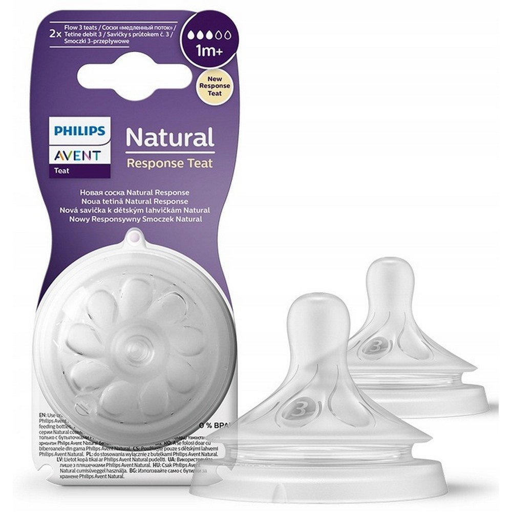avent natural response bottle teat 2pcs 1m AVENT Natural Response Bottle Teat (2 pcs) is designed for infants aged 1 month and older. These teats feature a unique shape that mimics the natural breastfeeding experience, promoting a smooth transition between breast and bottle. The design helps reduce colic by minimizing air intake during feeding, ensuring a comfortable experience for both baby and parent.