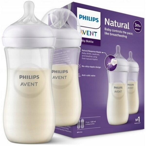 The AVENT Natural Response Bottle Set SCY906/02 includes two 330ml bottles with teats suitable for babies 3 months and older. Designed for a natural feeding experience, the bottles feature an anti-colic valve and soft silicone teats that mimic breastfeeding, allowing babies to control the flow.