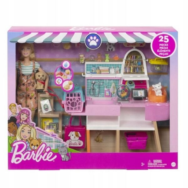 Un emocionante juego que permite a los niños explorar su creatividad administrando un salón de mascotas con Barbie. Presenta adorables mascotas y varios accesorios de aseo para diversión interactiva. Fomenta el juego imaginativo y la narración de cuentos.