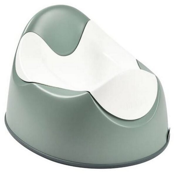 A comfortable potty designed with a removable liner for easy cleaning, featuring an ergonomic shape for stability and comfort. The sage green color adds a modern touch, ideal for any bathroom setting.