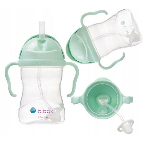 The "Bottle with straw 240 ml, Gelato Pistachio, b.box" is designed for easy sipping at any angle with a weighted straw, perfect for toddlers transitioning to cups. Its spill-resistant design and compact size make it ideal for travel or everyday use.