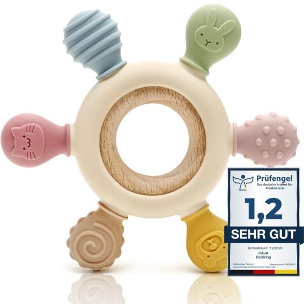 CAJA Baby Teething Ring is a safe and gentle teething toy for infants. Made from non-toxic, BPA-free materials, it helps soothe sore gums. Its easy-to-grip design makes it perfect for small hands.