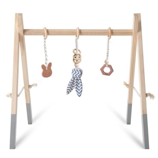 This versatile wooden toy features a trapeze design that encourages physical activity and motor skill development in infants.