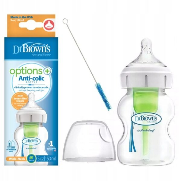 The Dr. Brown's Options+ Wide Anti-Colic Bottle (0+ months) is designed to reduce colic and provide a comfortable feeding experience. The bottle’s internal vent system helps minimize air bubbles, preventing gas and burping. It includes a breast-like nipple for a natural feeding rhythm, ideal for newborns transitioning between bottle and breastfeeding.
