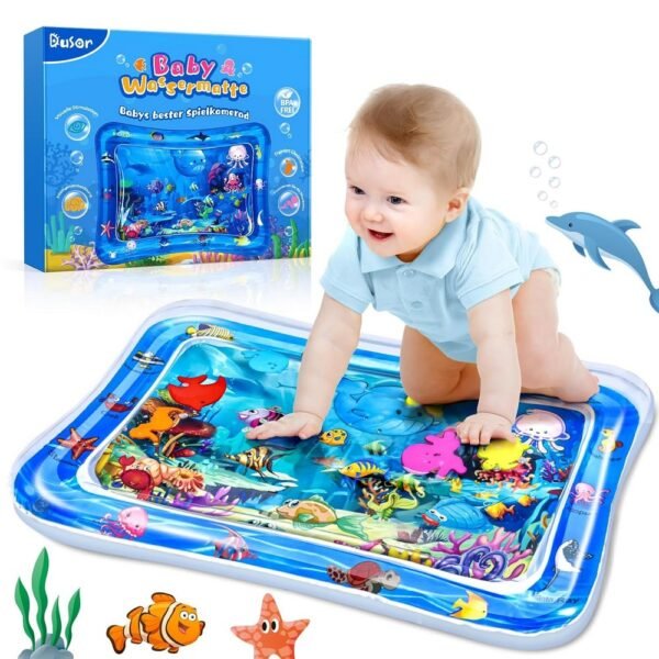 This water mat is designed for babies aged 3 to 9 months, promoting sensory play during tummy time.