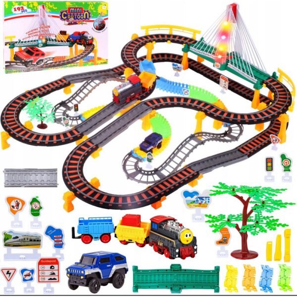 Un juego de trenes eléctricos con una locomotora con vagones desmontables y una pista de carreras de 700 cm de largo, perfecto para crear emocionantes aventuras ferroviarias.