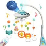This enchanting baby mobile features soothing music and soft lights to create a calming atmosphere for sleep.