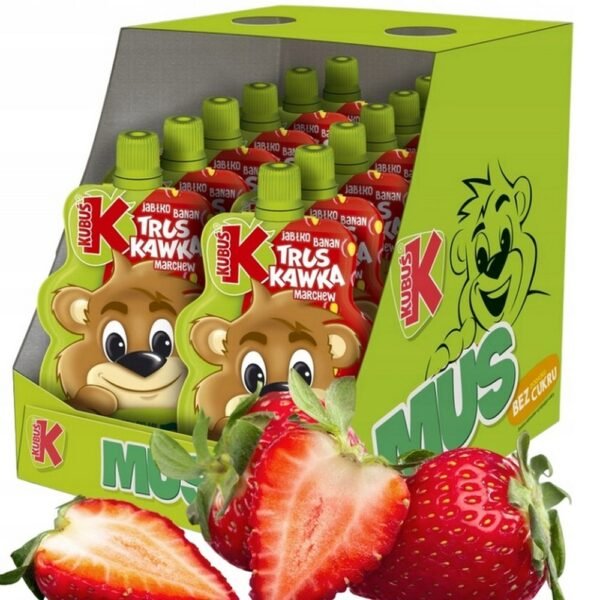 Kubuś Fruit Mousse for Children offers a delightful blend of 100% strawberry, apple, banana, and carrot flavors in a convenient 12x100g pack. This product provides a tasty and nutritious snack, perfect for little ones. With no added sugar, it's made from natural ingredients, ensuring a healthy option for children.
