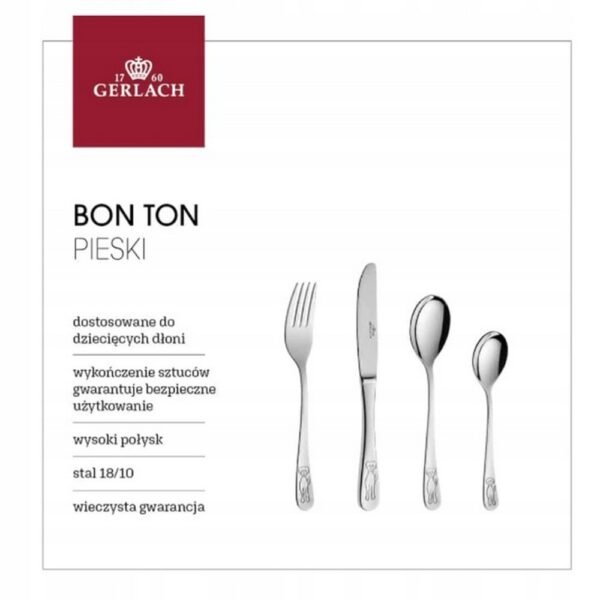 The Gerlach Cutlery for Children Bon Ton set is designed for special occasions like baptisms and birthdays. This engraved cutlery is crafted to be safe and comfortable for young children, making mealtime enjoyable.