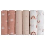 This pack includes six versatile muslin squares measuring 70cm x 70cm each.