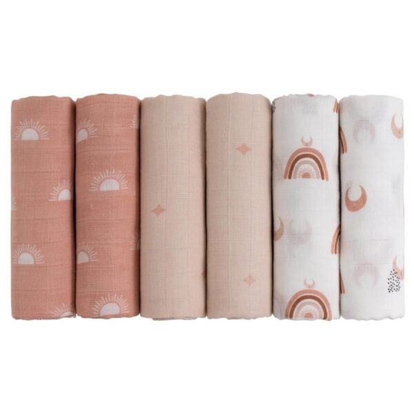 This pack includes six versatile muslin squares measuring 70cm x 70cm each.