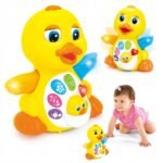 Este colorido juguete de pato atrae a los niños con sus divertidas canciones, animados movimientos de baile y luces y sonidos interactivos. Ayuda a mejorar las habilidades motoras y el desarrollo sensorial mientras mantiene a los niños entretenidos.