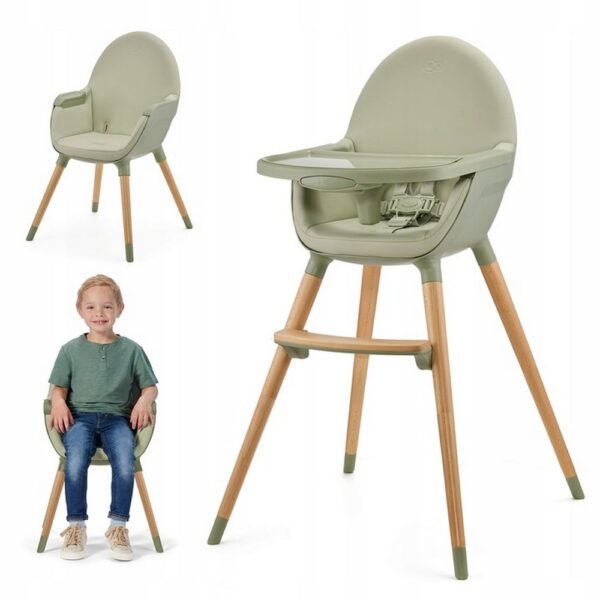 The KINDERKRAFT Wooden Feeding Chair 2in1 Armchair FINI 2 in green is a versatile seating solution that transitions from a high chair to a regular chair. Designed for comfort and safety, it features a sturdy wooden construction and is suitable for children from 6 months to 5 years.