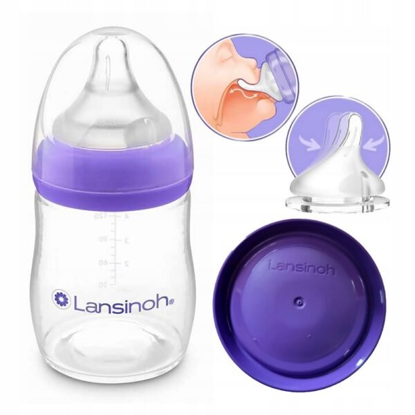 The Lansinoh Feeding Bottle holds 160ml and includes a Natural Wave S Teat, designed to mimic breastfeeding. This bottle facilitates a natural feeding experience for infants, making the transition between breast and bottle smoother.