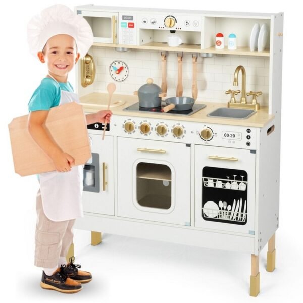 Un completo juego de cocina de madera diseñado para el juego imaginativo, que anima a los niños a explorar la cocina y la preparación de alimentos de una manera divertida e interactiva.