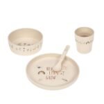 This tableware set includes a plate, bowl, cup, and utensils designed for little hands.