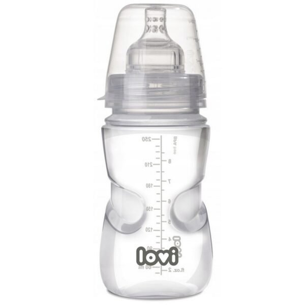 LOVI MEDICAL+ bottle is designed for infants aged 3 months and older, featuring a 250 ml capacity. This bottle includes a specially designed pacifier that promotes natural feeding and supports healthy oral development. The ergonomic shape and anti-colic system ensure a comfortable feeding experience for both babies and parents.