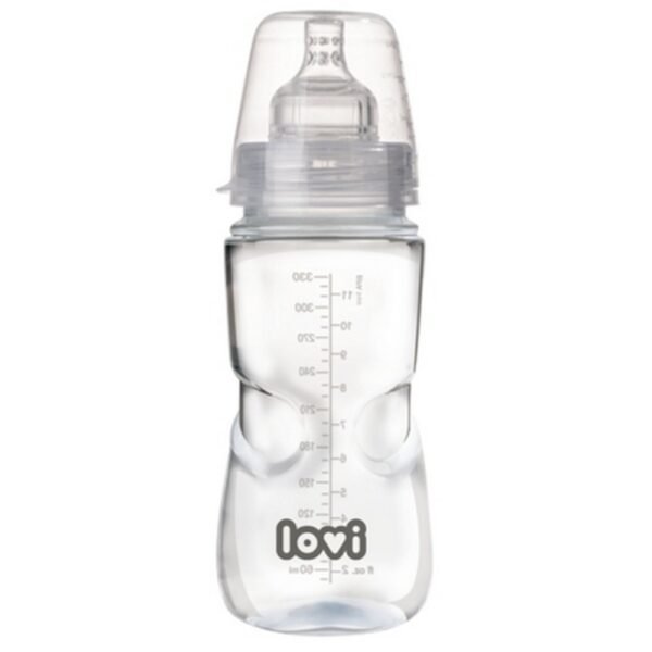 The Lovi Medical+ Bottle, 330 ml with a 9m+ teat, supports healthy oral development and is designed to mimic natural feeding. It includes an anti-colic system for a smooth feeding experience, while the ergonomic shape makes it comfortable for babies to hold.