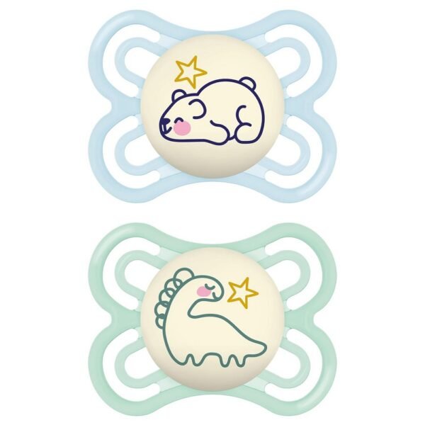 The MAM Perfect Night Soother Set of 2 is designed to glow in the dark, making it easy to find at night. It features an extra-soft silicone nipple that supports healthy oral development. These soothers are BPA-free and gentle on babies' skin.