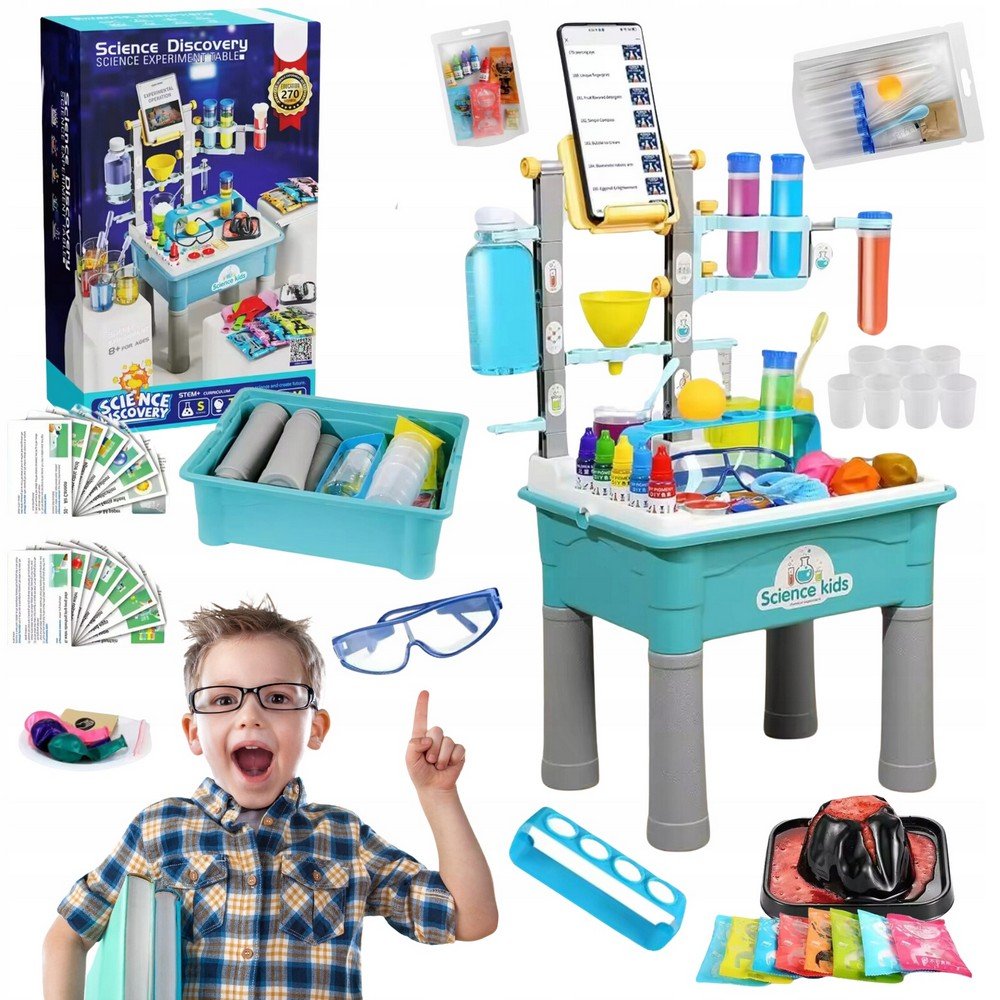 mega table small chemist scientific laboratory educational 270 experiments Une trousse éducative complète conçue pour les scientifiques en herbe, comprenant 270 expériences qui encouragent l'apprentissage pratique et la découverte.