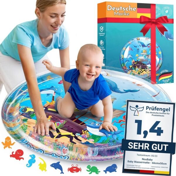 This extra-large water mat is designed for babies, featuring colorful floating toys to stimulate sensory play.